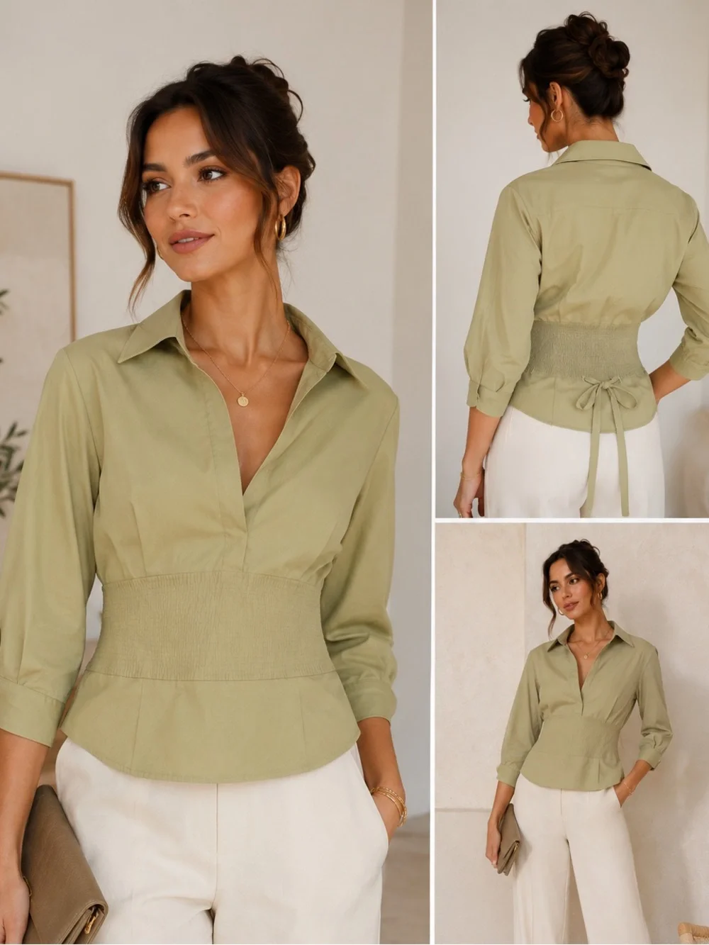 Sage Smocked-Waist Button-Down Shirt Size L Business Casual - Picture 1 of 9